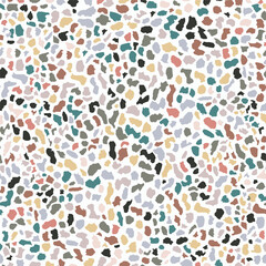 Terrazzo flooring, white seamless pattern. Gray background texture. Abstract vector design for print on floor, wall or textile.