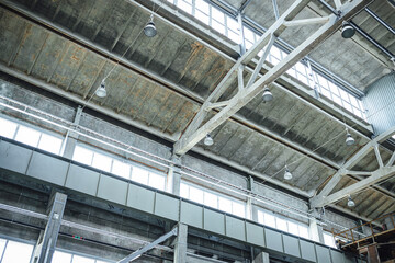 .Low angle shot inside a huge factory