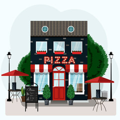Facade of a pizza restaurant with outdoor tables and home delivery. illustration of a pizzeria with a red and white canopy, Billboard and potted plants. Nice building of an Italian restaurant in