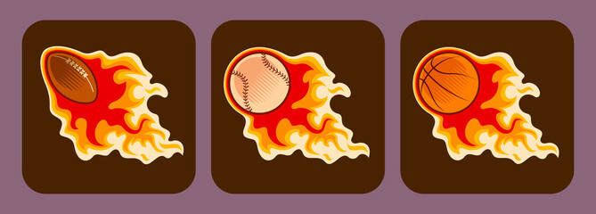 Set of stickers in retro style with burning sports balls. Vector illustration.