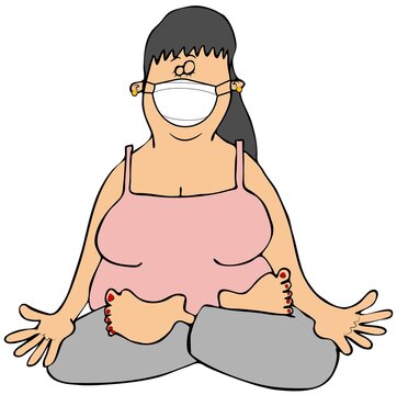 Woman sitting in a Yoga pose and wearing a face mask