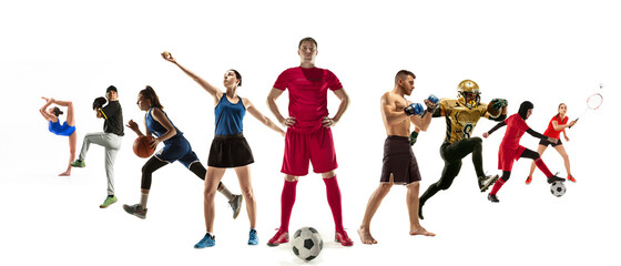 Sport collage of professional athletes or players isolated on white background, flyer. Made of different photos of 9 models. Concept of motion, action, power, target and achievements, healthy, active