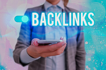 Text sign showing Backlinks. Business photo showcasing links from one website to a page on another...