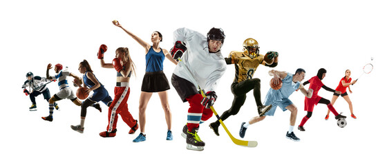 Sport collage of professional athletes or players isolated on white background, flyer. Made of different photos of 10 models. Concept of motion, action, power, target and achievements, healthy, active