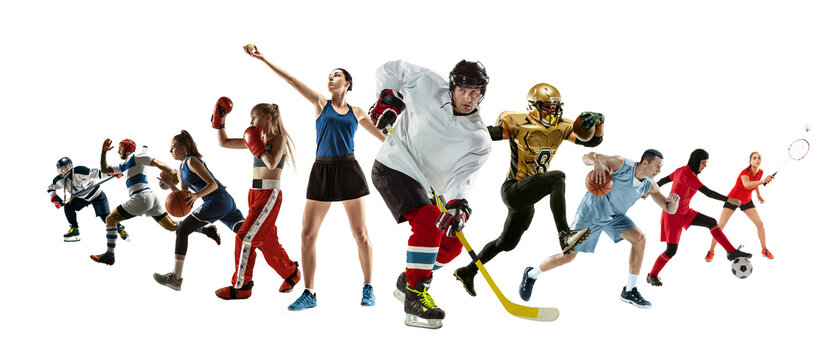 Sport collage of professional athletes or players isolated on white background, flyer. Made of different photos of 10 models. Concept of motion, action, power, target and achievements, healthy, active