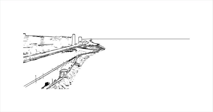 Building View With Landmark Of Aktau Is A City In Kazakhstan, Located On The Eastern Shore Of The Caspian Sea. Hand Drawn Sketch Illustration In Vector.