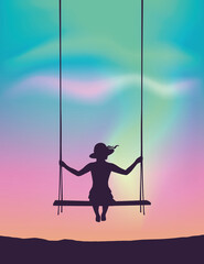 pretty girl on a swing looks to the beautiful polar lights in colorful sky vector illustration EPS10