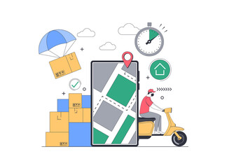 Naklejka premium Online Delivery Service Concept. Mobile tracking app. Online order tracking. Fast Delivery by motorcycle. City logistics. Scooter with courier. Safe delivery. Flat Vector illustration