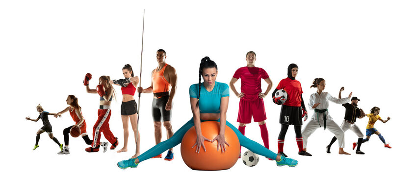 Sport collage of professional athletes or players isolated on white background, flyer. Made of different photos of 11 models. Concept of motion, action, power, target and achievements, healthy, active