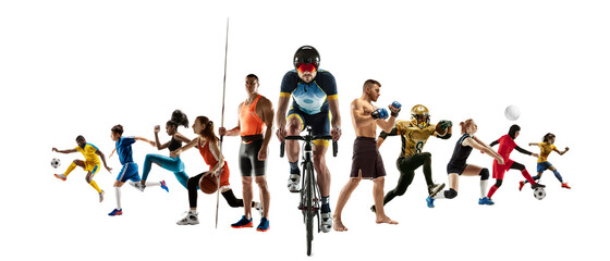 Sport collage of professional athletes or players isolated on white background, flyer. Made of different photos of 11 models. Concept of motion, action, power, target and achievements, healthy, active