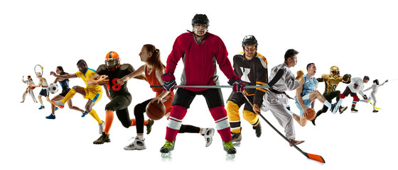 Sport collage of professional athletes or players isolated on white background, flyer. Made of different photos of 13 models. Concept of motion, action, power, target and achievements, healthy, active