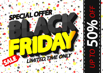 Obraz premium Black Friday Sale, up to 50% off, poster design template, discount horizontal banner, special offer, vector illustration