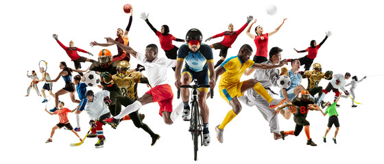 Sport collage of professional athletes or players isolated on white background, flyer. Made of...