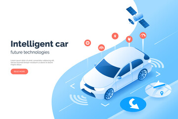 Smart car technology illustration, isometric style. Vehicle GPS satellite navigation system. Autonomous car scans the space and road around it. Condition monitoring system of auto. - obrazy, fototapety, plakaty