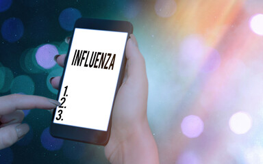 Conceptual hand writing showing Influenza. Concept meaning any of various respiratory infections of undetermined cause Modern gadgets white screen under colorful bokeh background