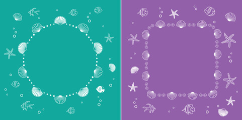 white frames with fish and seashells - green and violet vector abstract backgrounds