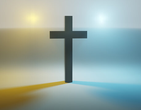 Vintage template with dark christian cross on blurred sky background. 3d illustration