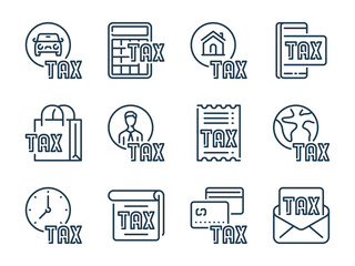 Tax related vector line icon set. Taxation outline icons. Taxing icon collection.