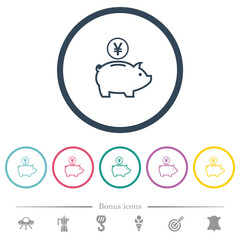 Yen piggy bank flat color icons in round outlines