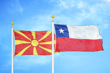 North Macedonia and Chile two flags on flagpoles and blue sky