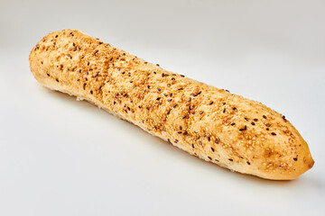 Delicious french baguette on white background. Fresh wholegrain bread and copy space.