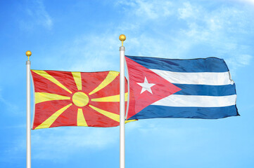 North Macedonia and Cuba two flags on flagpoles and blue sky