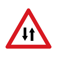 Traffic sign warning for a road with two-way traffic. Traffic sign isolated on white background. Vector illustration.