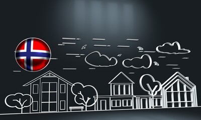 Row of different houses along the street. Home house in thin line design style. Street of large suburban homes. Family modern house. real estate concept. Flag of the Norway. 3D rendering
