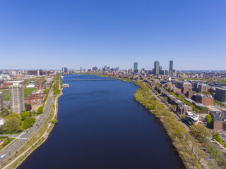 Aerial view of Cambridge on the left and Boston on the right connected by Harvard Bridge from...