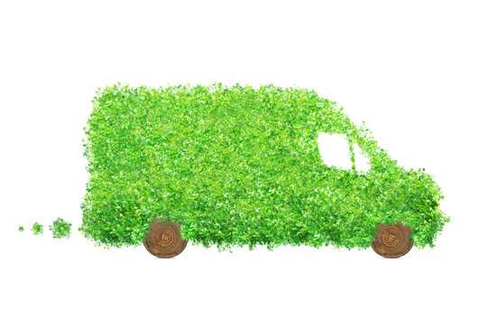 IIsolated delivery van made of leaves and wood. Electric cargo car, transportation and environmental concept