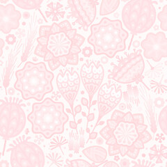 Delicate seamless floral pattern with large decorative flowers of pink shades on a light background
