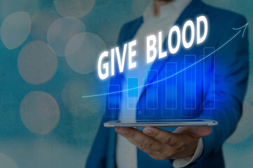 Word writing text Give Blood. Business photo showcasing an individual voluntarily has blood drawn...
