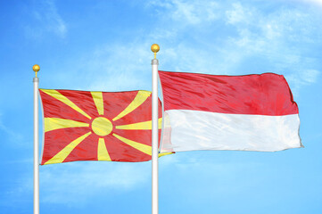 North Macedonia and Indonesia two flags on flagpoles and blue sky