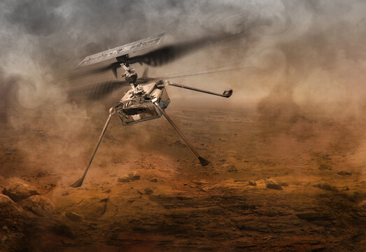 Helicopter drone flying over planet Mars desert. Mars One exploration science mission, US Perseverance rover, Ingenuity helicopter 2020 launch program 3d concept. Elements of image furnished by NASA