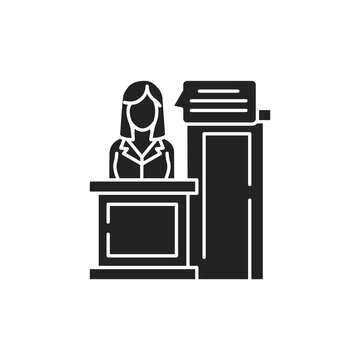 recommend clip art: Witness glyph black icon. Young woman tells the version of the event. Law justice concept. Sign for web page, mobile app, button, logo. Vector isolated button