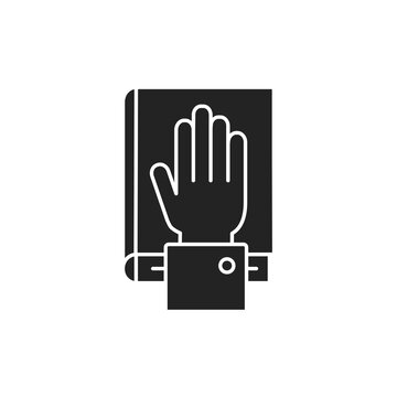recommend clip art: Give oath glyph black icon. Palm on Holy Bible. Judiciary concept. Sign for web page, mobile app, button, logo. Vector isolated button