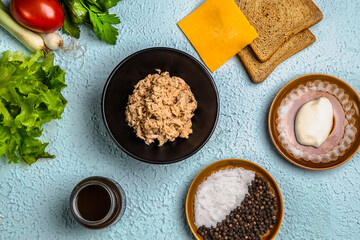 Cup with tuna on table with slices of bread, cheese and vegetables. Top view of snack on table with cut bread, yellow cheese, sauce, pepper grains, salt, fresh lettuce, green garlic and tomato.