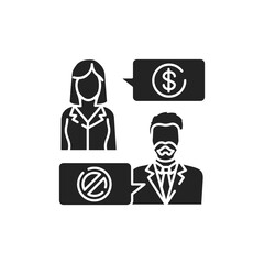 Refusal of a bribe glyph black icon. Business bribery and kickback corruption concept. Sign for web page, mobile app, button, logo. Vector isolated button.