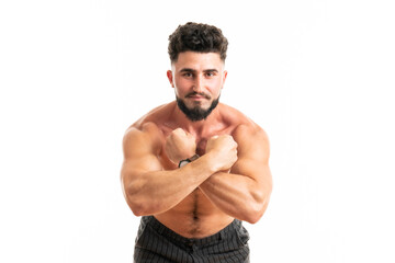 Sporty man with perfect body after training isolated on white background. Strength and motivation