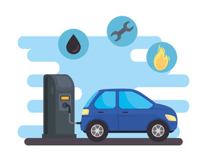 vehicle car sedan in fuel station with set icons oil fuel vector illustration design