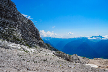 Kanin mountain in Slovenia, Julian Alps in summer. Ski resort and mountain hiking trail