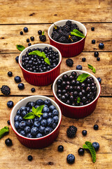 Assorted berries in blue and black colors: bilberry, blueberry, currant and blackberry