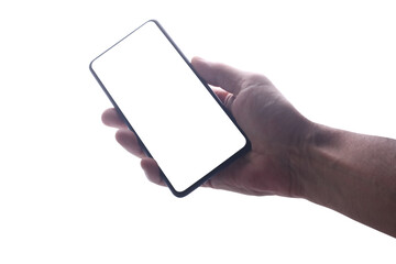 male man hand holding and showing  blank smart phone in back lighting isolated  on white background  with clipping path around hand and display with copy space for your text