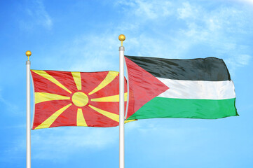 North Macedonia and Palestine two flags on flagpoles and blue sky