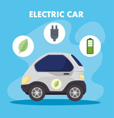 environmentally friendly concept, electric car with icons of leaf, plug ,battery charger vector illustration design