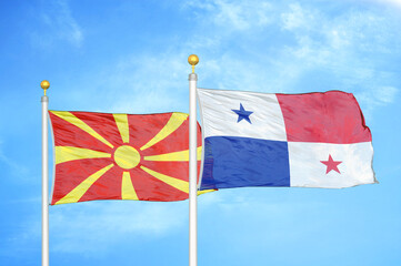 North Macedonia and Panama two flags on flagpoles and blue sky