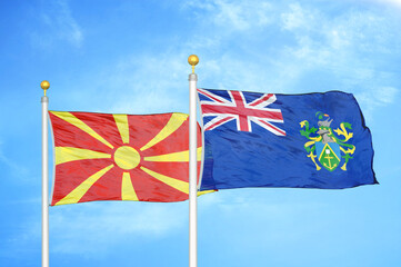 North Macedonia and Pitcairn Islands two flags on flagpoles and blue sky