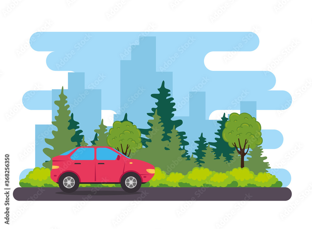 Poster red sedan car vehicle in the road, with tree plants nature vector illustration design