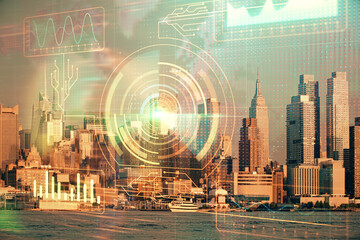 Data theme hologram drawing on city view with skyscrapers background double exposure. Technology...