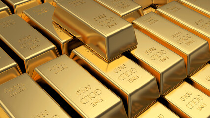 Stacks of many gold bars in rows as a background. 3D illustration